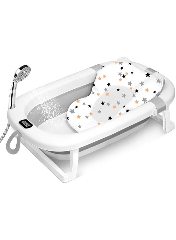 يوريفو أحواض استحمام قابلة للطي للأطفال مع وسادة حمام ناعمة ومقياس حرارة، حوض استحمام حديث الولادة مع فتحة تصريف، ساق داعمة مانعة للانزلاق للأولاد والبنات (رمادي) - Image 1
