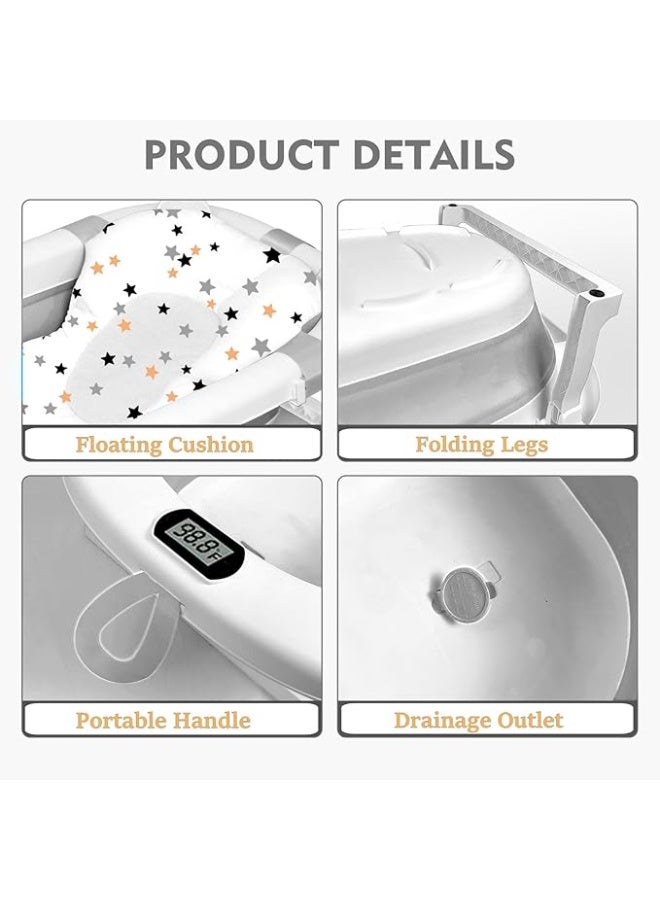 يوريفو أحواض استحمام قابلة للطي للأطفال مع وسادة حمام ناعمة ومقياس حرارة، حوض استحمام حديث الولادة مع فتحة تصريف، ساق داعمة مانعة للانزلاق للأولاد والبنات (رمادي) - Image 5