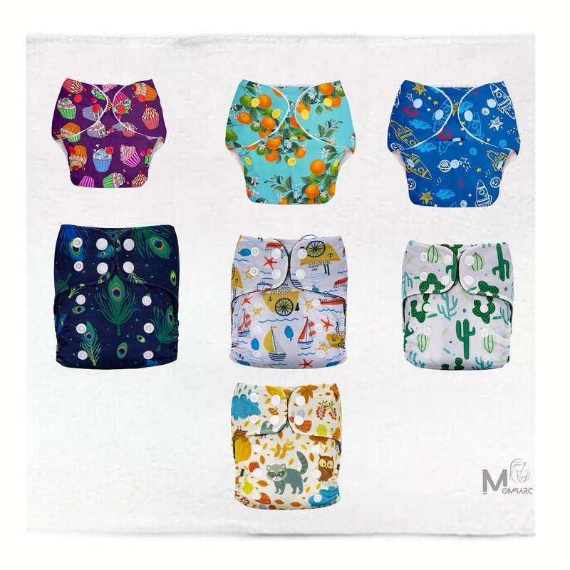MOMSARC Cotton Printed Reusable Baby Cloth Diapers+7 insert pads|Hosiery Cloth Padded Reusable Nappy for Babies|Freesize Diapers with Quick Dry Langot|(Multicolur,Pack of 7) - Image 1