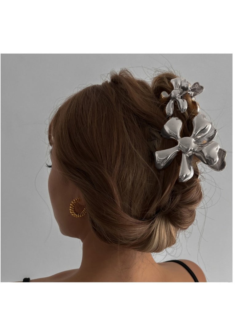 2 PCS Floral Print Pattern Hair Claw Hair Clip Sliver Color For Women Girl Alloy Flower Claw Hair Clip - Image 1