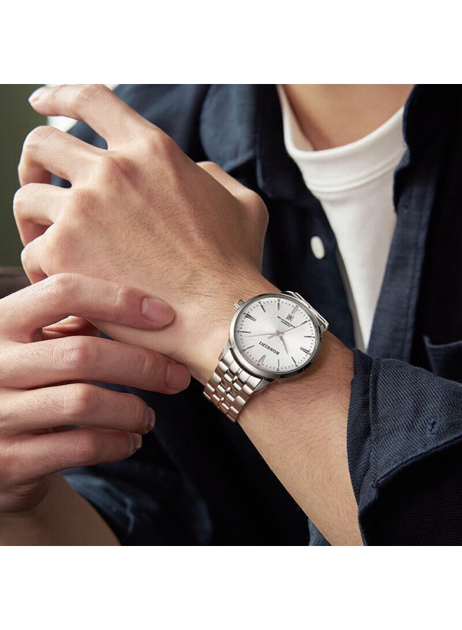 Rossini Men's Mechanical Watch With White Dial And Steel Strap, Birthday Gift For Boyfriend, Chinese Classic Simple Business Waterproof Watch 50127