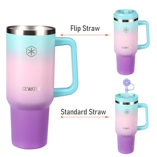 ICEWATER 40 oz Tumbler with 2 Lids (Flip & Standard Straw),100% Leak Proof Insulated Tumbler with Handle, Cup Holder Friendly, Stainless Steel Water Bottle, Gifts for Women & Men (Violet) - Image 2
