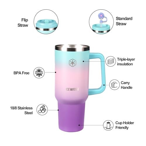ICEWATER 40 oz Tumbler with 2 Lids (Flip & Standard Straw),100% Leak Proof Insulated Tumbler with Handle, Cup Holder Friendly, Stainless Steel Water Bottle, Gifts for Women & Men (Violet) - Image 3