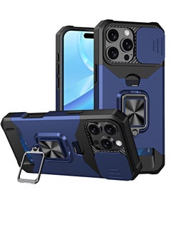 Compatible for iPhone 16 Pro Case with [Card Holder] [Slide Camera Cover] [360° Rotate Ring Kickstand] Heavy Duty Protective, Shockproof Bumper Cover-Blue