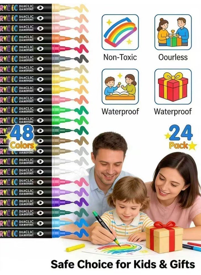 فلاي سي 24 قلم تحديد أكريليك برأسين - 48 لونًا زاهيًا، أقلام مقاومة للماء وغير سامة للحرف اليدوية، والأقمشة، والزجاج، والحجر، وفنون الأطفال. - Image 4