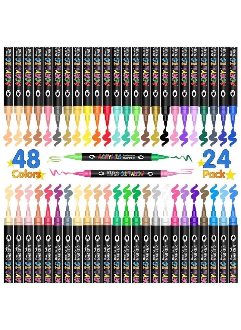 فلاي سي 24 قلم تحديد أكريليك برأسين - 48 لونًا زاهيًا، أقلام مقاومة للماء وغير سامة للحرف اليدوية، والأقمشة، والزجاج، والحجر، وفنون الأطفال. - Image 5