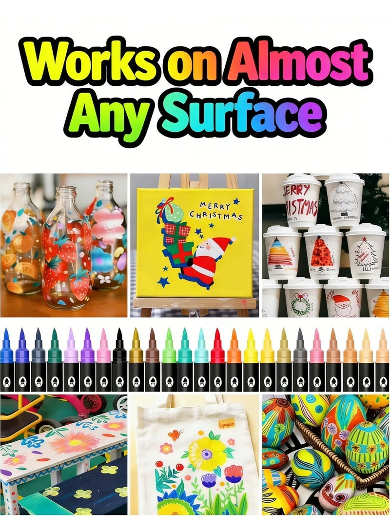 فلاي سي 24 قلم تحديد أكريليك برأسين - 48 لونًا زاهيًا، أقلام مقاومة للماء وغير سامة للحرف اليدوية، والأقمشة، والزجاج، والحجر، وفنون الأطفال. - Image 3