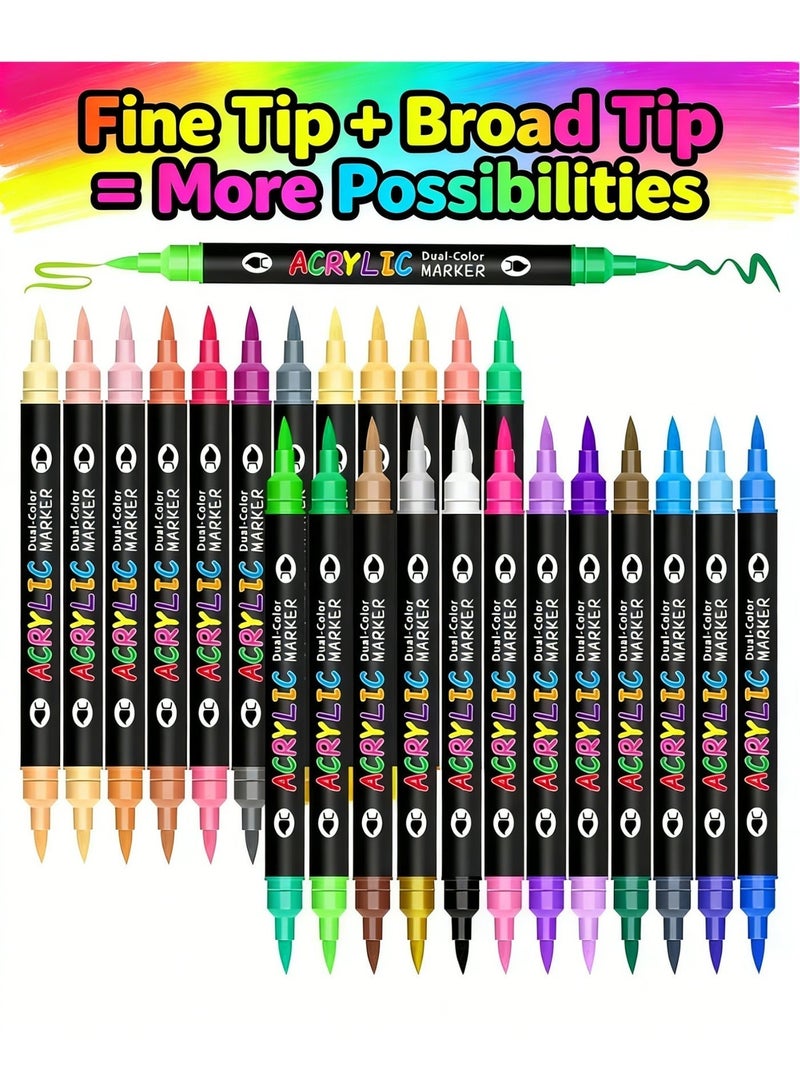 فلاي سي 24 قلم تحديد أكريليك برأسين - 48 لونًا زاهيًا، أقلام مقاومة للماء وغير سامة للحرف اليدوية، والأقمشة، والزجاج، والحجر، وفنون الأطفال. - Image 2