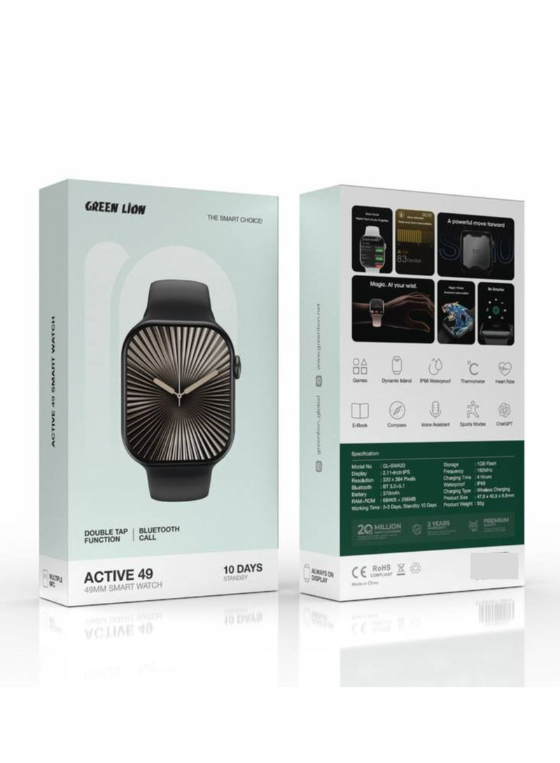جرين ليون ساعة ذكية Active 10 مقاس 49 مم مع مساعد صوتي، مكالمات بلوتوث، وظيفة النقر المزدوج، مراقبة معدل ضربات القلب، وقت شحن 3 ساعات، وقت عمل 2-3 أيام، دردشة GPT - أسود - Image 2