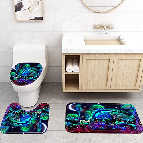 jieprom 4PCS Mushroom Bathroom Shower Curtain Set with Rugs, Toilet Lid Cover and Bath Mat, Moon and Stars with 12 Hooks, Durable Bathroom Decor Set - Image 2