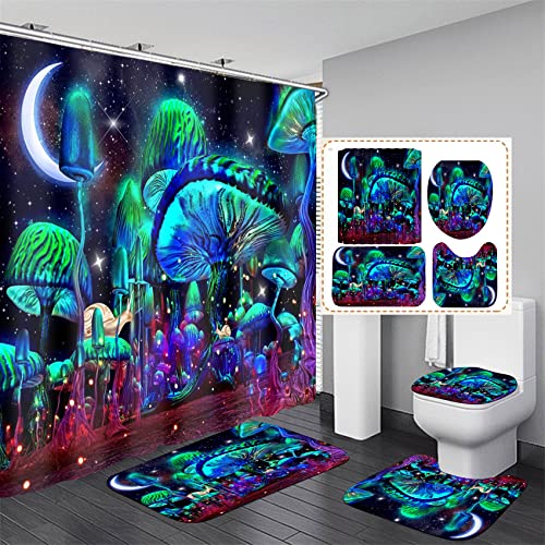 jieprom 4PCS Mushroom Bathroom Shower Curtain Set with Rugs, Toilet Lid Cover and Bath Mat, Moon and Stars with 12 Hooks, Durable Bathroom Decor Set - Image 1