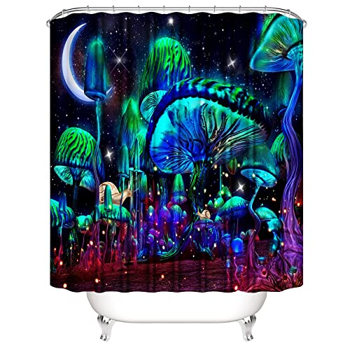 jieprom 4PCS Mushroom Bathroom Shower Curtain Set with Rugs, Toilet Lid Cover and Bath Mat, Moon and Stars with 12 Hooks, Durable Bathroom Decor Set - Image 3