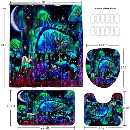 jieprom 4PCS Mushroom Bathroom Shower Curtain Set with Rugs, Toilet Lid Cover and Bath Mat, Moon and Stars with 12 Hooks, Durable Bathroom Decor Set - Image 5