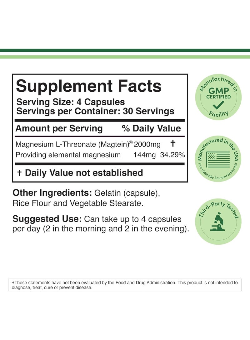 Double Wood Supplements Magnesium L Threonate, Magtein, Sleep and Cognitive Support 120 Capsules 30 Servings - Image 2