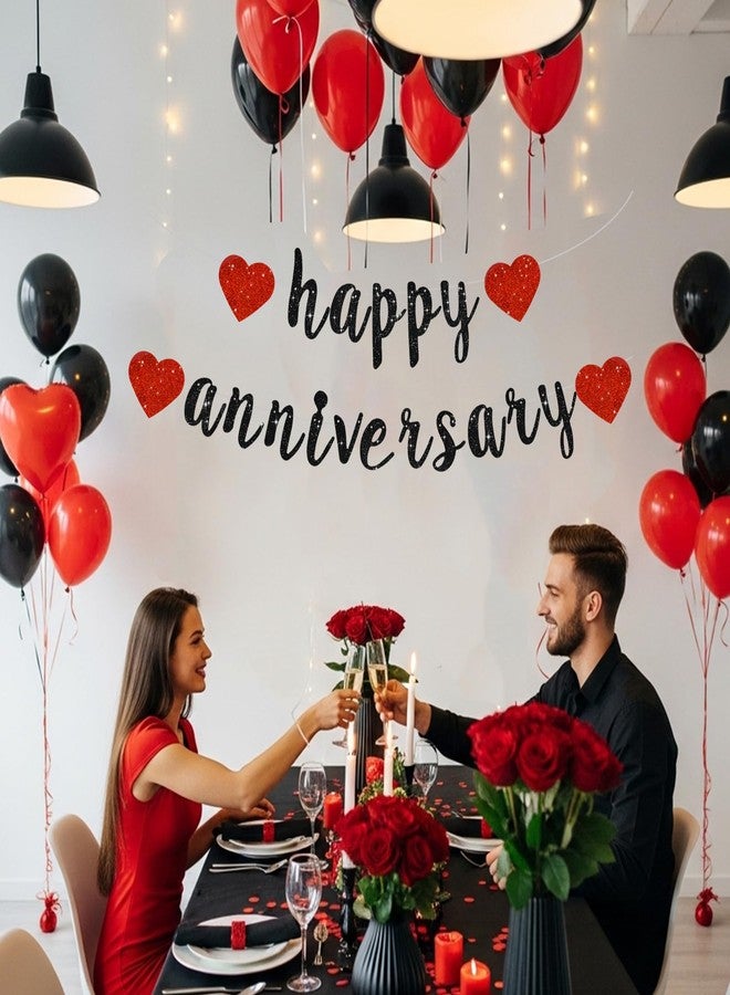 BEISHIDA Glitter Black Red Happy Anniversary Banner, Pre-Strung Glitter Happy Anniversary Banner Anniversary Party Garland Sign for Wedding Engagement Party Decorations & Decor(NO DIY) - Image 4