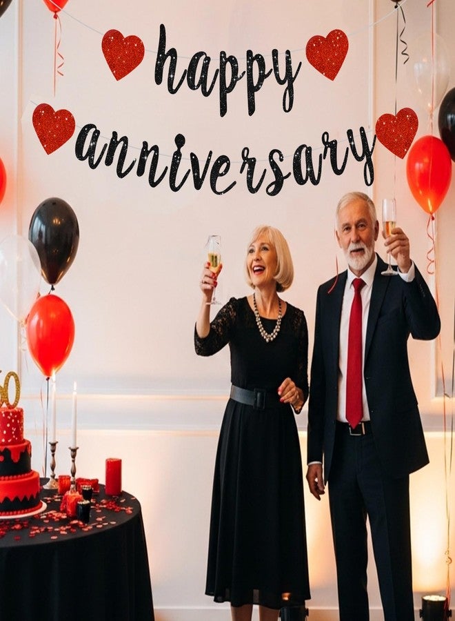 BEISHIDA Glitter Black Red Happy Anniversary Banner, Pre-Strung Glitter Happy Anniversary Banner Anniversary Party Garland Sign for Wedding Engagement Party Decorations & Decor(NO DIY) - Image 5