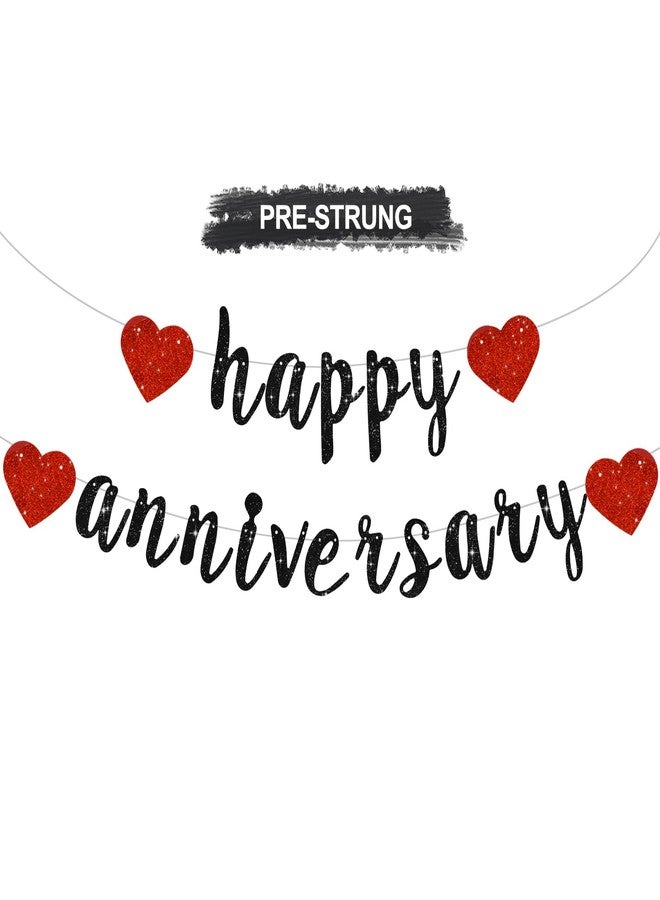 BEISHIDA Glitter Black Red Happy Anniversary Banner, Pre-Strung Glitter Happy Anniversary Banner Anniversary Party Garland Sign for Wedding Engagement Party Decorations & Decor(NO DIY) - Image 1