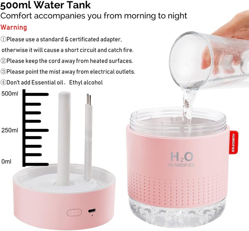 MOVTIP Portable Mini Cool Mist Humidifier, 500ml USB Personal Desktop Humidifier for Baby Bedroom, Travel, Office, Home - Auto Shut-Off, 2 Mist Modes, Super Quiet (Pink) - Image 5