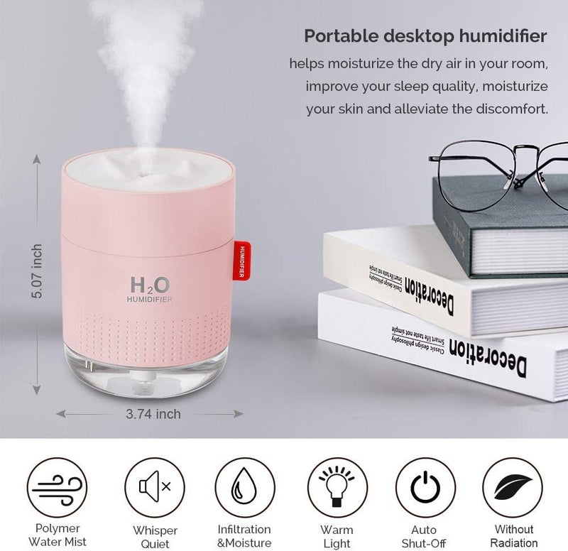 MOVTIP Portable Mini Cool Mist Humidifier, 500ml USB Personal Desktop Humidifier for Baby Bedroom, Travel, Office, Home - Auto Shut-Off, 2 Mist Modes, Super Quiet (Pink) - Image 2