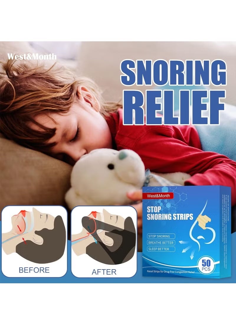 West&Month Nasal Strips for Snoring, Anti Snoring Strips, 50 Pcs Nose Strips for Breathing, Relieve Nasal Congestion, Improved Airflow, and Comfortable Fit Snore Strips, Extra Strength Anti Snoring Solution - Image 2