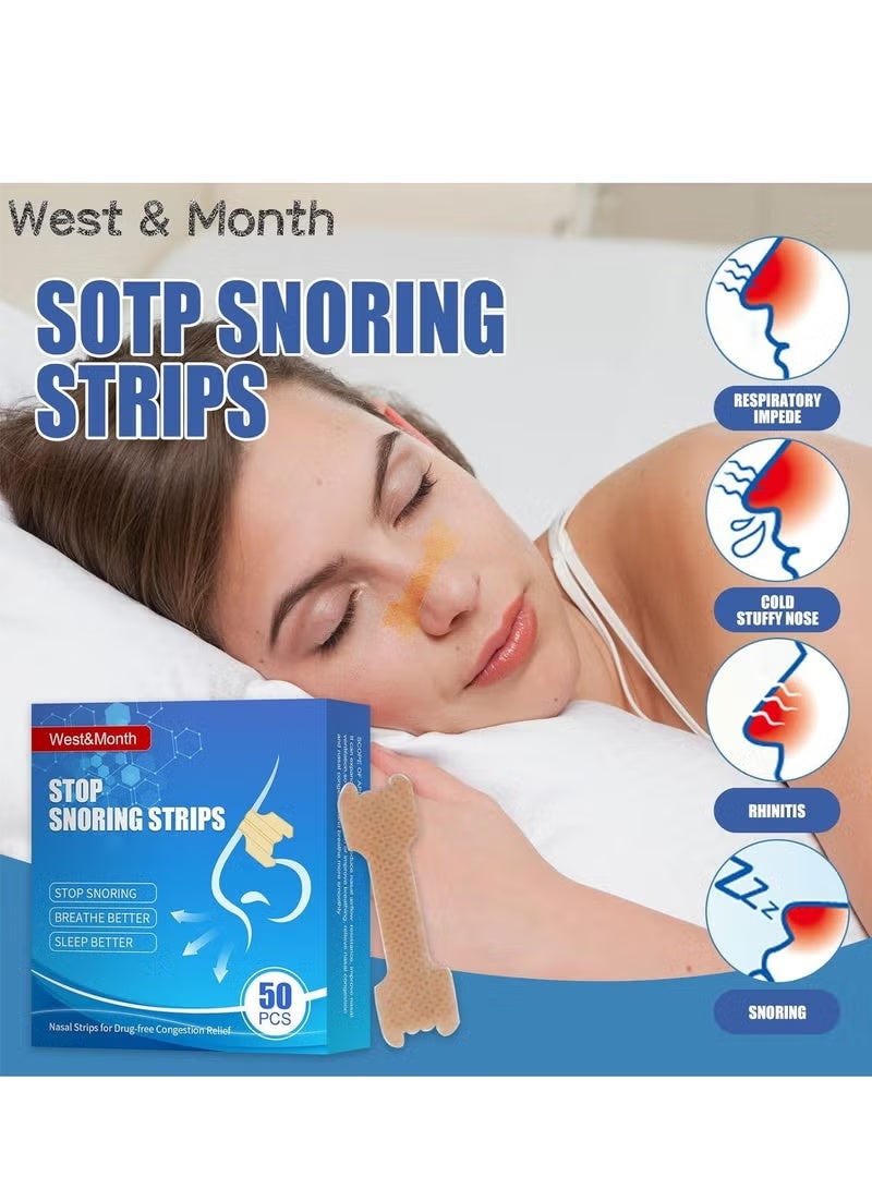 West&Month Nasal Strips for Snoring, Anti Snoring Strips, 50 Pcs Nose Strips for Breathing, Relieve Nasal Congestion, Improved Airflow, and Comfortable Fit Snore Strips, Extra Strength Anti Snoring Solution - Image 3