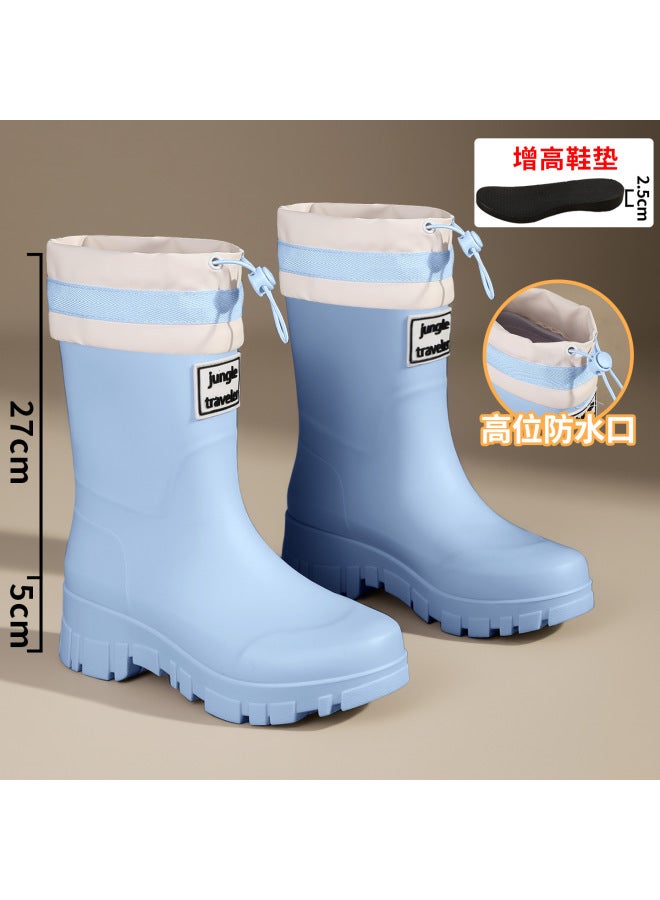 Outdoor Ultra-modern Mid-calf Fashionable Waterproof Drawstring Women's Rain Boots With Fleece Lining, Suitable For Rainforest , Non-slip, Warm, And Durable Rubber Shoes