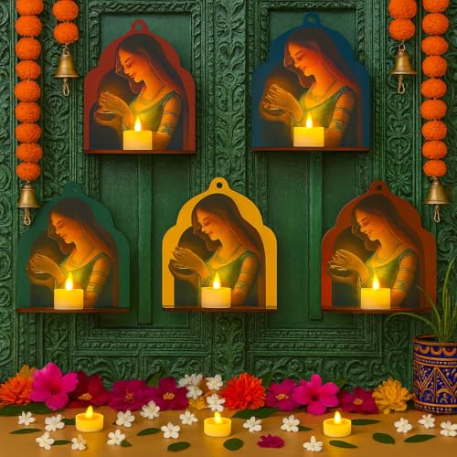 ANSHKIT Wooden Jharokha Wall Hanging Tea Light Holder – Traditional Diya Stand & Floating Shelf for Pooja Room, Living Room, Balcony & Temple Décor | Diwali Decoration Items for Home & Main Door (Set of 5) - Image 2