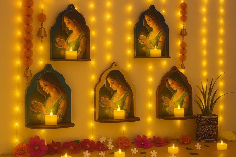 ANSHKIT Wooden Jharokha Wall Hanging Tea Light Holder – Traditional Diya Stand & Floating Shelf for Pooja Room, Living Room, Balcony & Temple Décor | Diwali Decoration Items for Home & Main Door (Set of 5) - Image 5