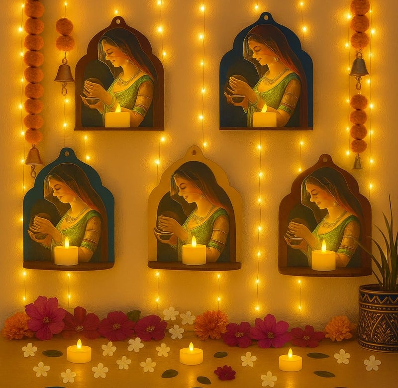 ANSHKIT Wooden Jharokha Wall Hanging Tea Light Holder – Traditional Diya Stand & Floating Shelf for Pooja Room, Living Room, Balcony & Temple Décor | Diwali Decoration Items for Home & Main Door (Set of 5) - Image 1