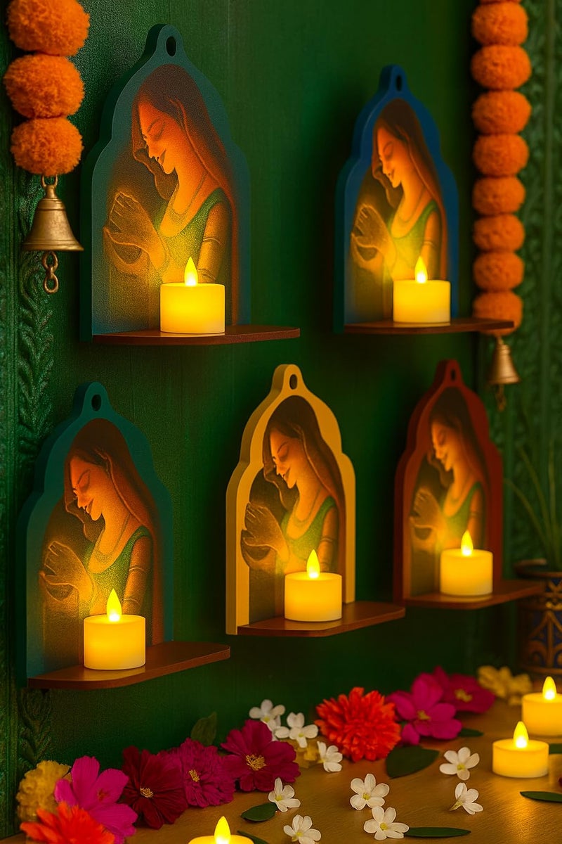 ANSHKIT Wooden Jharokha Wall Hanging Tea Light Holder – Traditional Diya Stand & Floating Shelf for Pooja Room, Living Room, Balcony & Temple Décor | Diwali Decoration Items for Home & Main Door (Set of 5) - Image 4