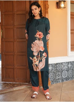  قصة Women's Sacramento Green Ethereal Bloom Kurta Set  - Image 2