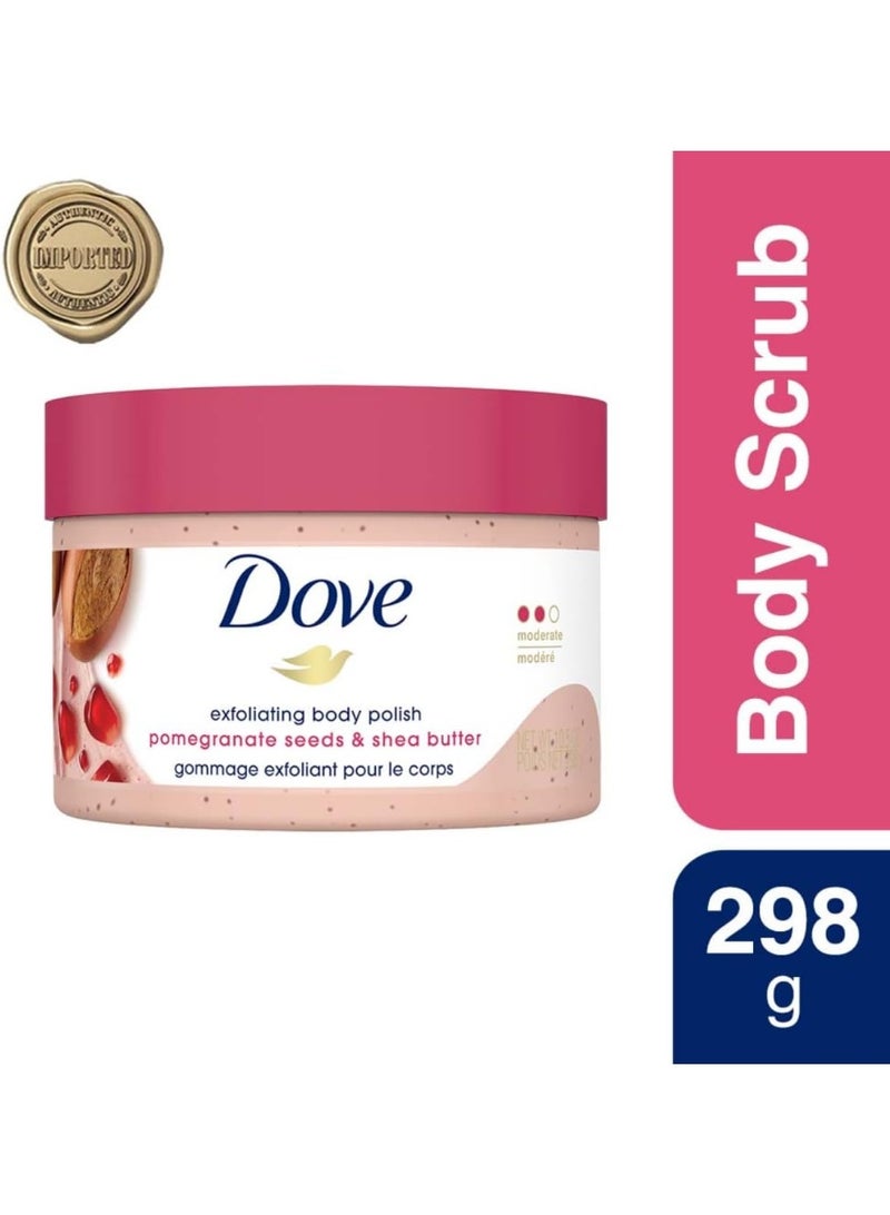 Dove Body Polish Exfoliating Scrub, Moisturizing Shea Butter and Pomegranate Seeds | Nourishes & Conditions Soft Skin | Sulphate Free, 298gm.