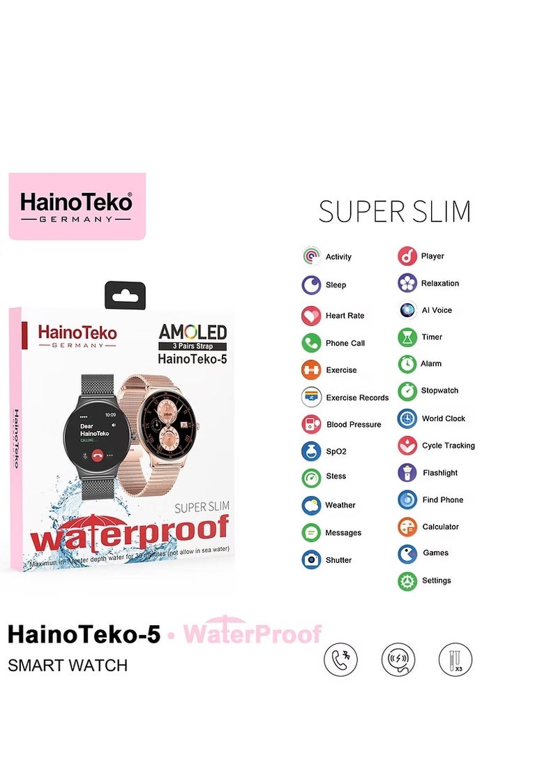 HainoTekoGermany HainoTeko-5 Super Slim Smart Watch Round Shape AMOLED Display With Waterproof AI Voice Assistance and 3 Pair Straps For Ladies (Gold) - Image 1