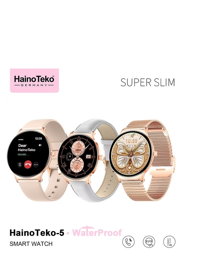 HainoTekoGermany HainoTeko-5 Super Slim Smart Watch Round Shape AMOLED Display With Waterproof AI Voice Assistance and 3 Pair Straps For Ladies (Gold) - Image 2