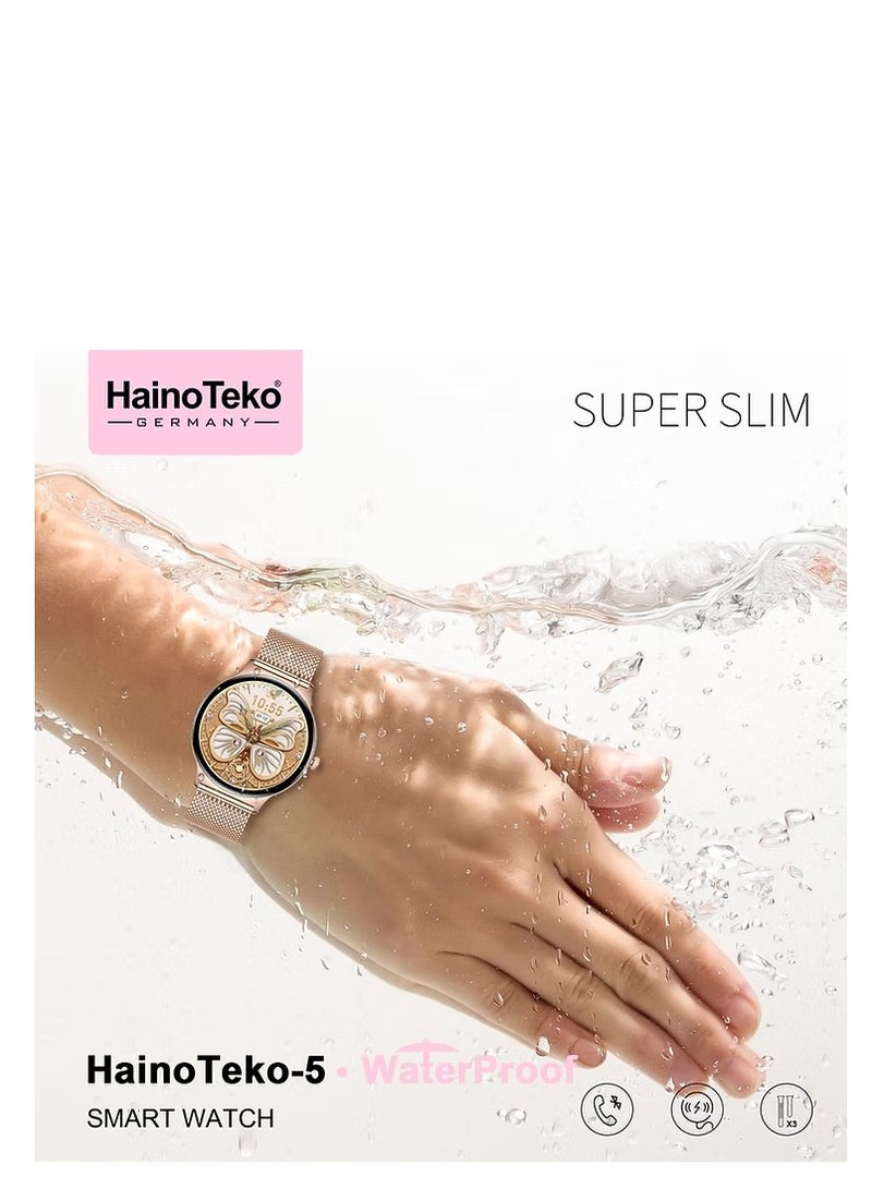 HainoTekoGermany HainoTeko-5 Super Slim Smart Watch Round Shape AMOLED Display With Waterproof AI Voice Assistance and 3 Pair Straps For Ladies (Gold) - Image 3