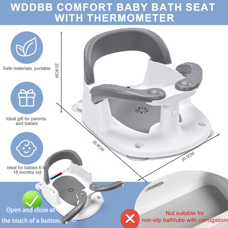 Wddbb Baby Bath seat for Babies 6 Months & up, 360Â° Stable Toddler Bath Chair with one-Touch Button, Back Hollow Design, Water Temperature Card & 4 Suction Cups for Safety (Gray) - Image 5
