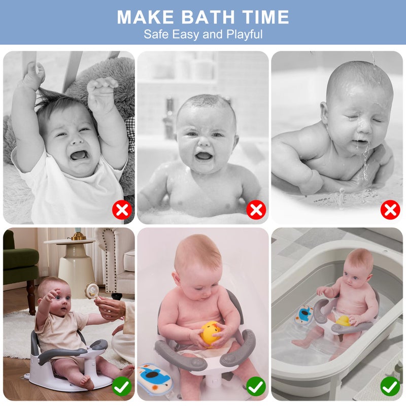 Wddbb Baby Bath seat for Babies 6 Months & up, 360Â° Stable Toddler Bath Chair with one-Touch Button, Back Hollow Design, Water Temperature Card & 4 Suction Cups for Safety (Gray) - Image 4