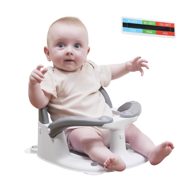 Wddbb Baby Bath seat for Babies 6 Months & up, 360Â° Stable Toddler Bath Chair with one-Touch Button, Back Hollow Design, Water Temperature Card & 4 Suction Cups for Safety (Gray) - Image 1