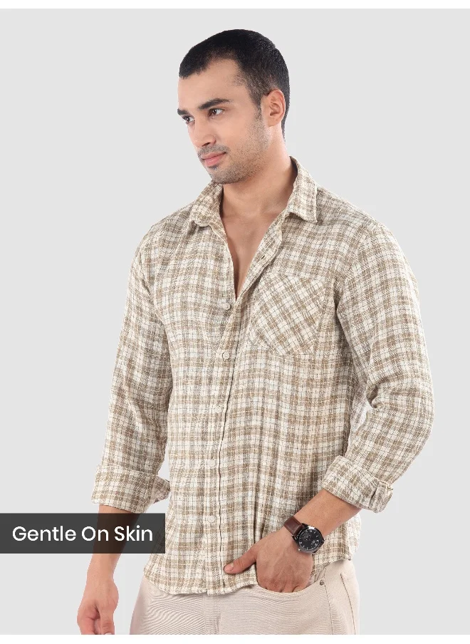 Beyoung Beige Plaid Check Cotton Shirt