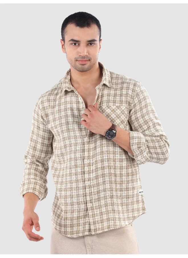 Beyoung Beige Plaid Check Cotton Shirt
