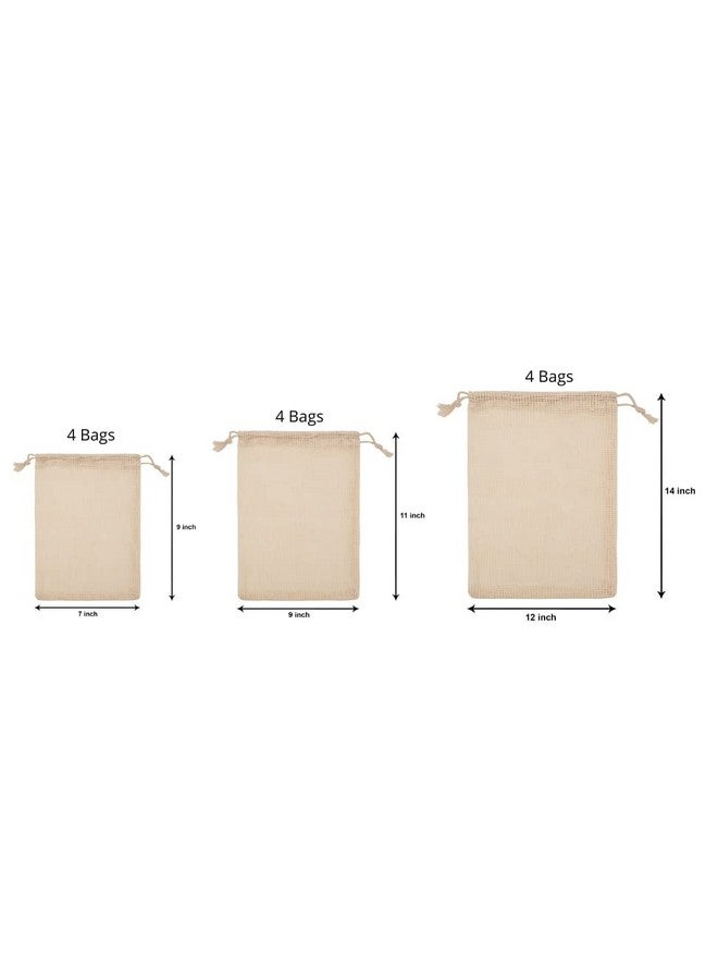 Dcluttr Cotton Mesh Vegetable Bag For Fridge - Set of 12 Eco-Friendly Drawstring Fridge Storage Bags, Vegetable Storage Bags for Refrigerator, Reusable Produce Bags (S-4pc,M-4pc,L-4pc) - Image 4