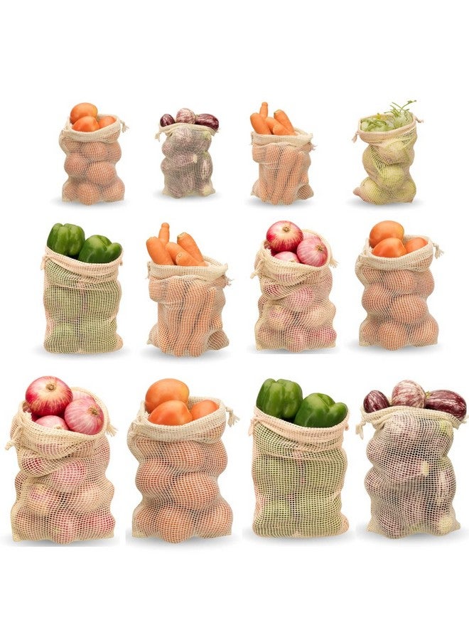 Dcluttr Cotton Mesh Vegetable Bag For Fridge - Set of 12 Eco-Friendly Drawstring Fridge Storage Bags, Vegetable Storage Bags for Refrigerator, Reusable Produce Bags (S-4pc,M-4pc,L-4pc) - Image 1