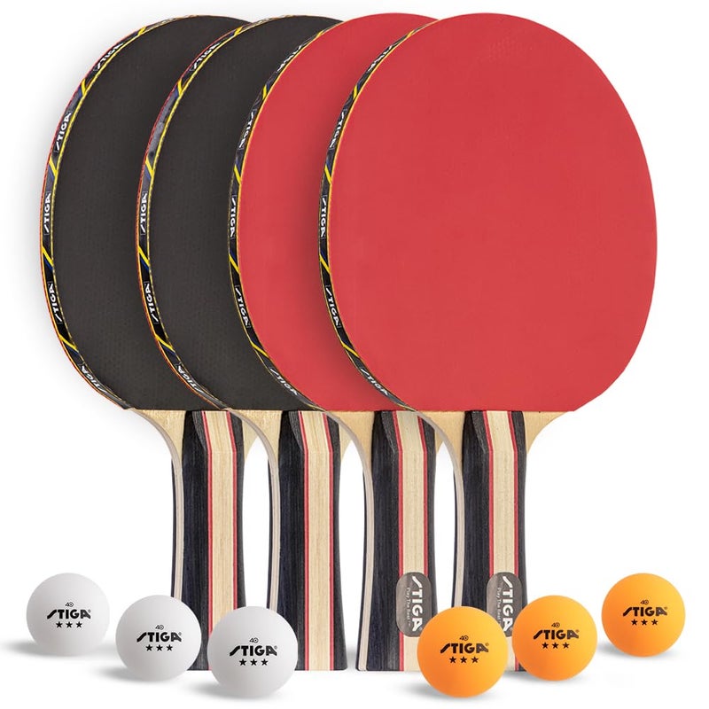 STIGA Performance 4 Player Ping Pong Paddle Set of 4 – Table Tennis Rackets, 6 – 3 Star Orange and White Balls - Image 1