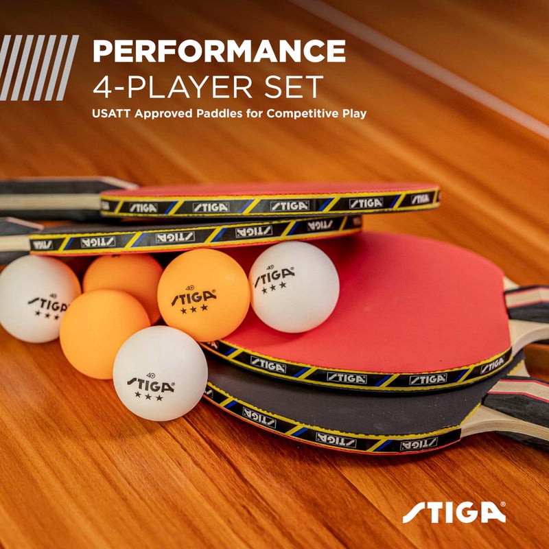 STIGA Performance 4 Player Ping Pong Paddle Set of 4 – Table Tennis Rackets, 6 – 3 Star Orange and White Balls - Image 2