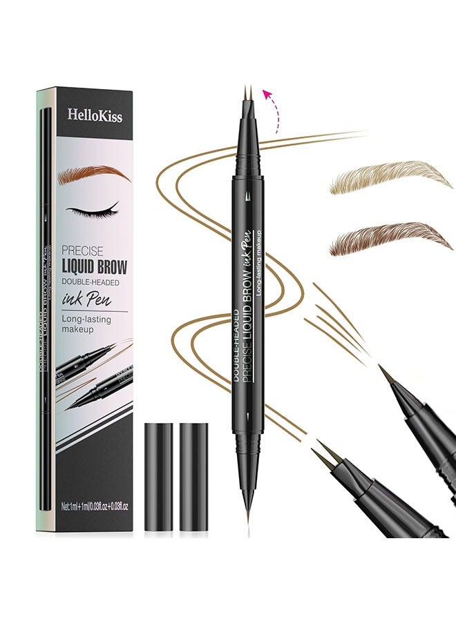هيلوكيس قلم حواجب سائل دقيق مع فرشاة قلم حبر مزدوج الرأس 2 طرف Microblading قلم حواجب منحني قلم حواجب ، 2 طرف شوكة قلم عين مقاوم للماء طويل الأمد قلم حبر بني فاتح #01 - Image 5