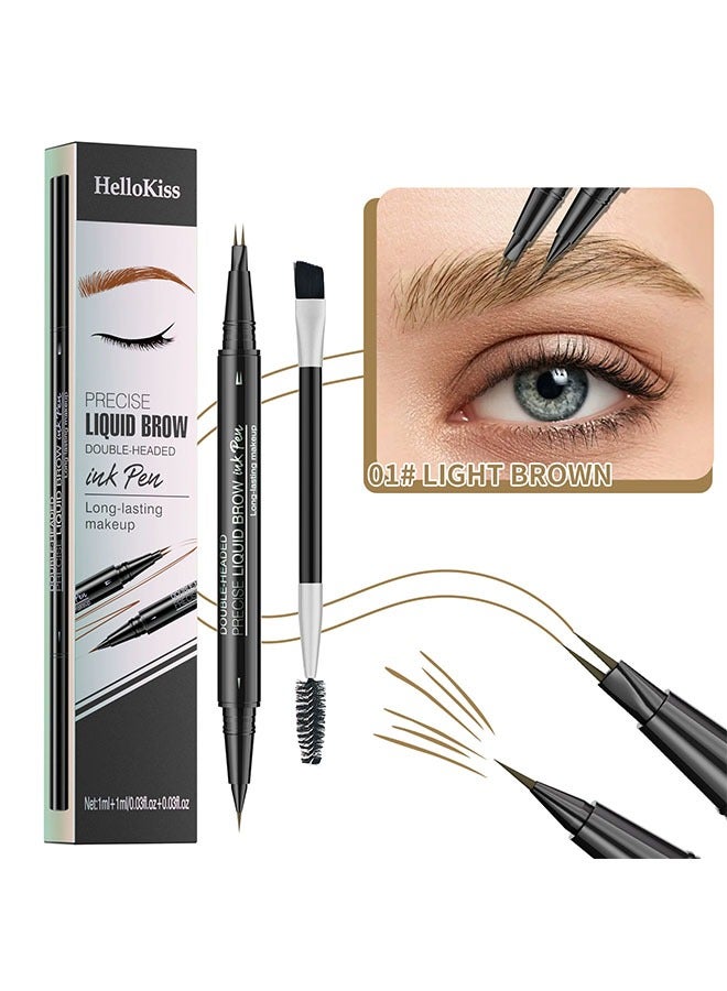 هيلوكيس قلم حواجب سائل دقيق مع فرشاة قلم حبر مزدوج الرأس 2 طرف Microblading قلم حواجب منحني قلم حواجب ، 2 طرف شوكة قلم عين مقاوم للماء طويل الأمد قلم حبر بني فاتح #01 - Image 1