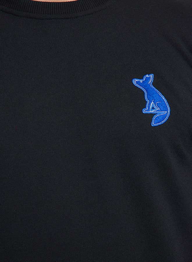 trendyol Black Regular/Normal Cut Crew Neck Fox Patch Detail Sweatshirt - Image 4