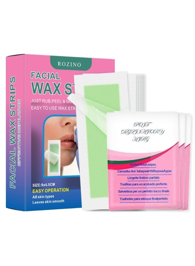 Facial Wax Strips - 30 Count  and 3 Calming Oil Wipes, Facial Hair Removal for Women, Waxing Strips for Face Eyebrow Upper Lip Cheek Hair Remover, Quick & Painless Waxing Kit for All Skin Types - Image 1
