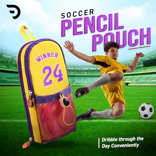 Dravina Polyester Large Capacity Pencil Pouch with 3 Zippers & 5 Compartments - Waterproof Standing Pencil Case with Metal Zipper + Football Charm & Coin Pouch (Idol), Yellow - Image 2