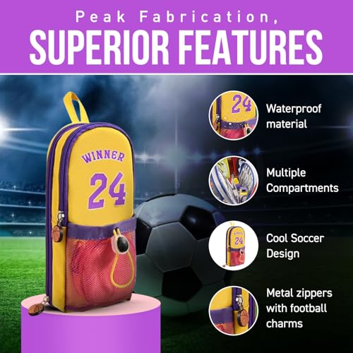 Dravina Polyester Large Capacity Pencil Pouch with 3 Zippers & 5 Compartments - Waterproof Standing Pencil Case with Metal Zipper + Football Charm & Coin Pouch (Idol), Yellow - Image 4
